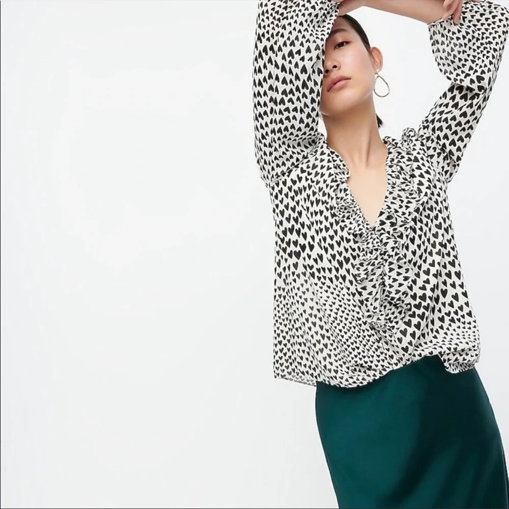 J. Crew‎ All Over Hearts Cream Black Ruffle Trim Blouse XS